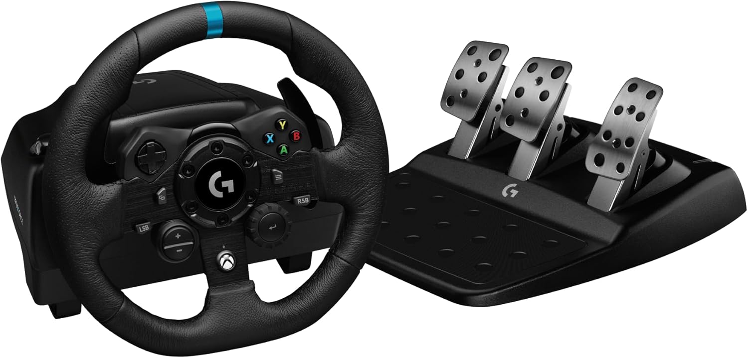 Logitech G G923-racestuur en -pedalen, TRUEFORCE tot een force feedback van 1000 Hz, responsief rijden, startregeling voor dubbele koppeling, stuurhoes van echt, voor PS5, PS4, pc, Mac - Zwart