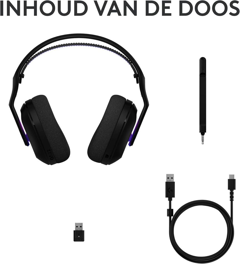 Logitech G522 LIGHTSPEED draadloze gaming headset, LIGHTSYNC RGB, microfoon en geavanceerde gesynchroniseerde audio, drievoudige connectiviteit - LIGHTSPEED, Bluetooth, USB-A naar USB-C voor pc -Zwart