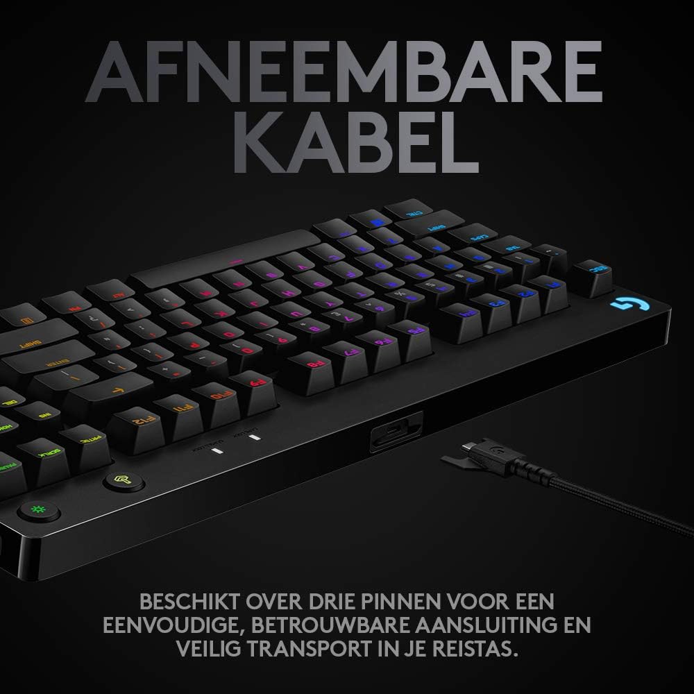 Logitech G PRO Mechanisch gamingtoetsenbord, uiterst draagbaar ontwerp zonder numpad, afneembare micro-USB-kabel, verlichte toetsen met LIGHTSYNC RGB met 16,8M kleuren, QWERTY US INTL, PC/Mac - Zwart