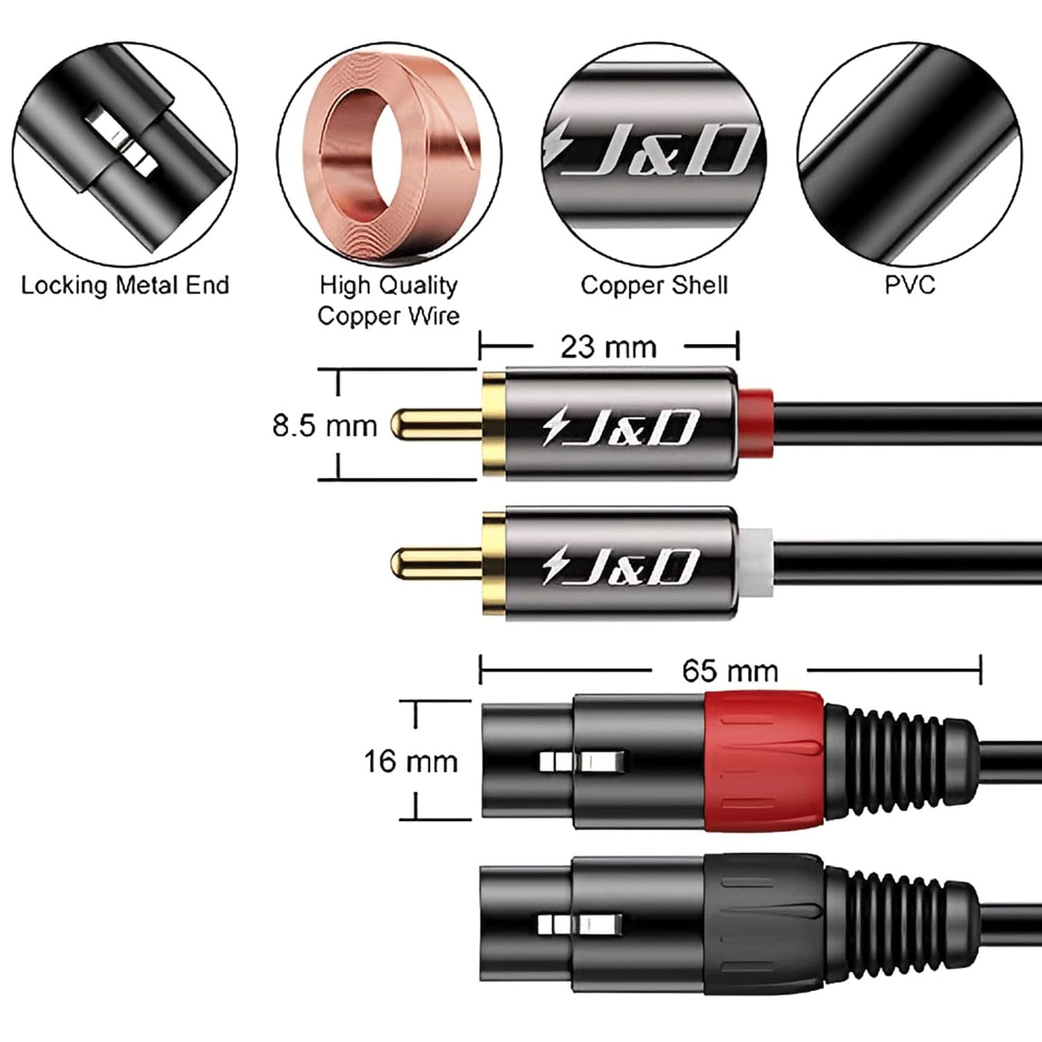 J&D 2 RCA naar 2 XLR-kabel,
