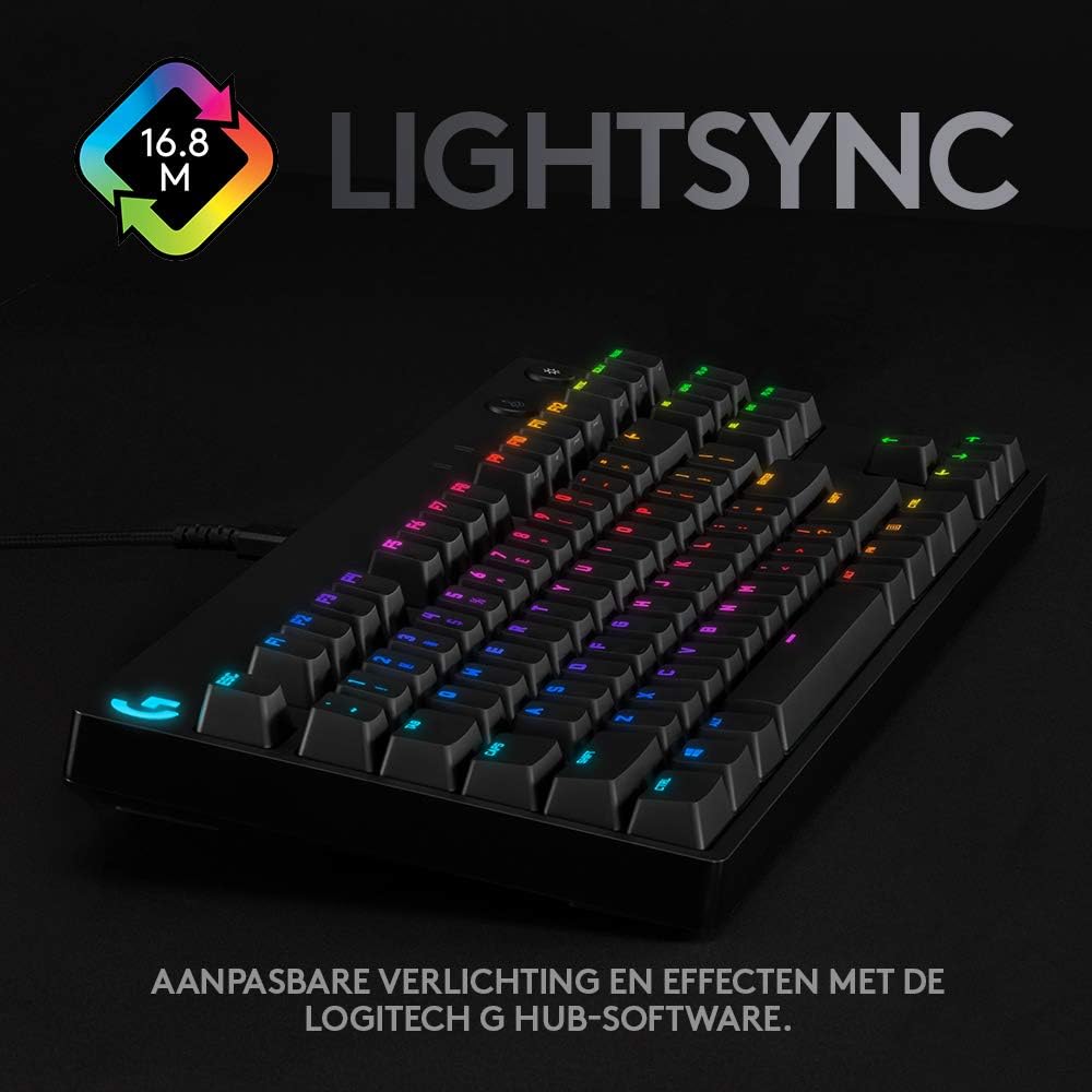 Logitech G PRO Mechanisch gamingtoetsenbord, uiterst draagbaar ontwerp zonder numpad, afneembare micro-USB-kabel, verlichte toetsen met LIGHTSYNC RGB met 16,8M kleuren, QWERTY US INTL, PC/Mac - Zwart