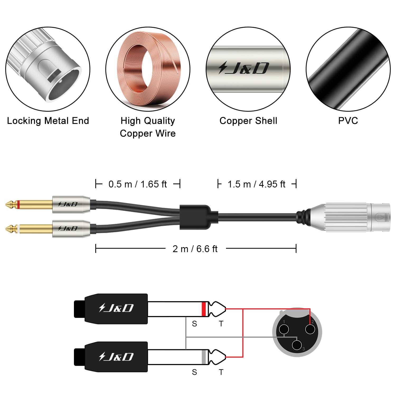 J&D Dual 1/4" naar XLR, Mannelijk naar Dubbel 6,35 mm TS
