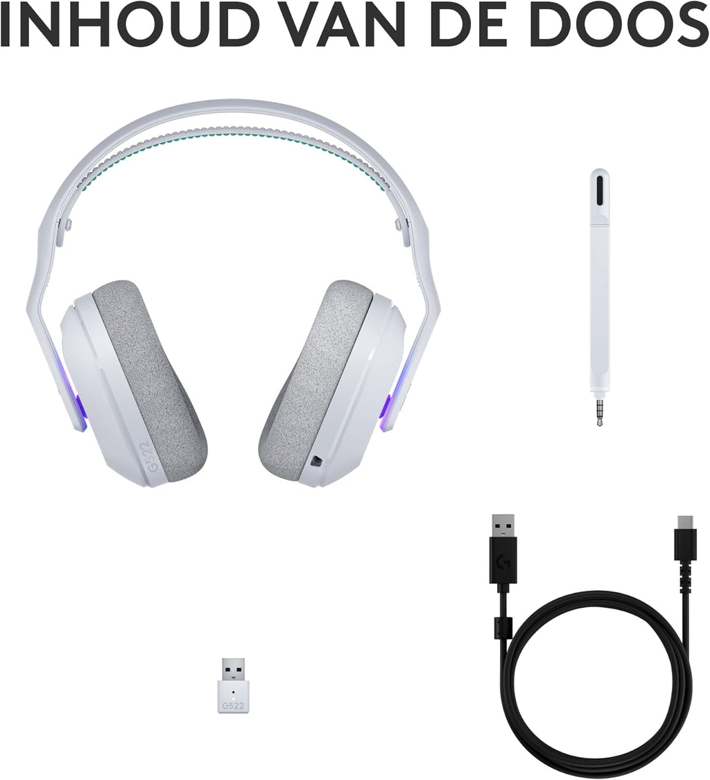 Logitech G522 LIGHTSPEED draadloze gaming headset, LIGHTSYNC RGB, microfoon en geavanceerde gesynchroniseerde audio, drievoudige connectiviteit - LIGHTSPEED, Bluetooth, USB-A naar USB-C voor pc -Zwart