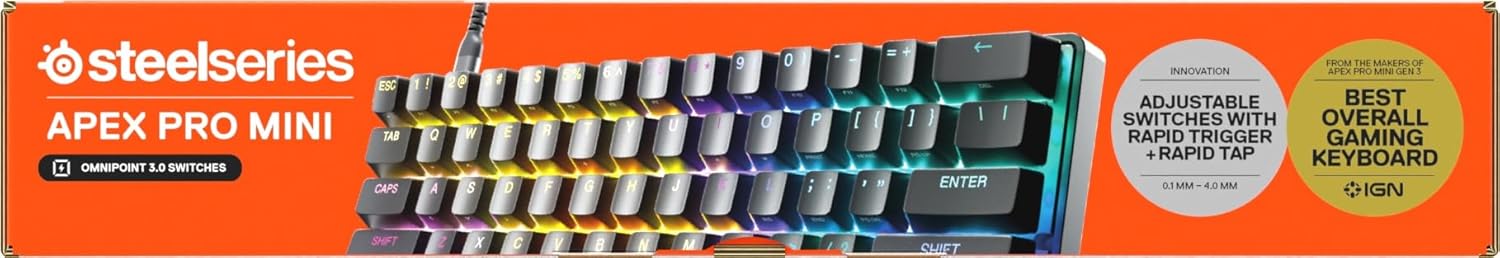 SteelSeries Apex Pro Mini Gen 3 OmniPoint 3.0 HyperMagnetic-schakelaars - Verstelbare activering - Rapid Trigger - Presets voor games - Protection Mode - Rapid Tap/SOCD - RGB - PBT-keycaps - UK QWERTY