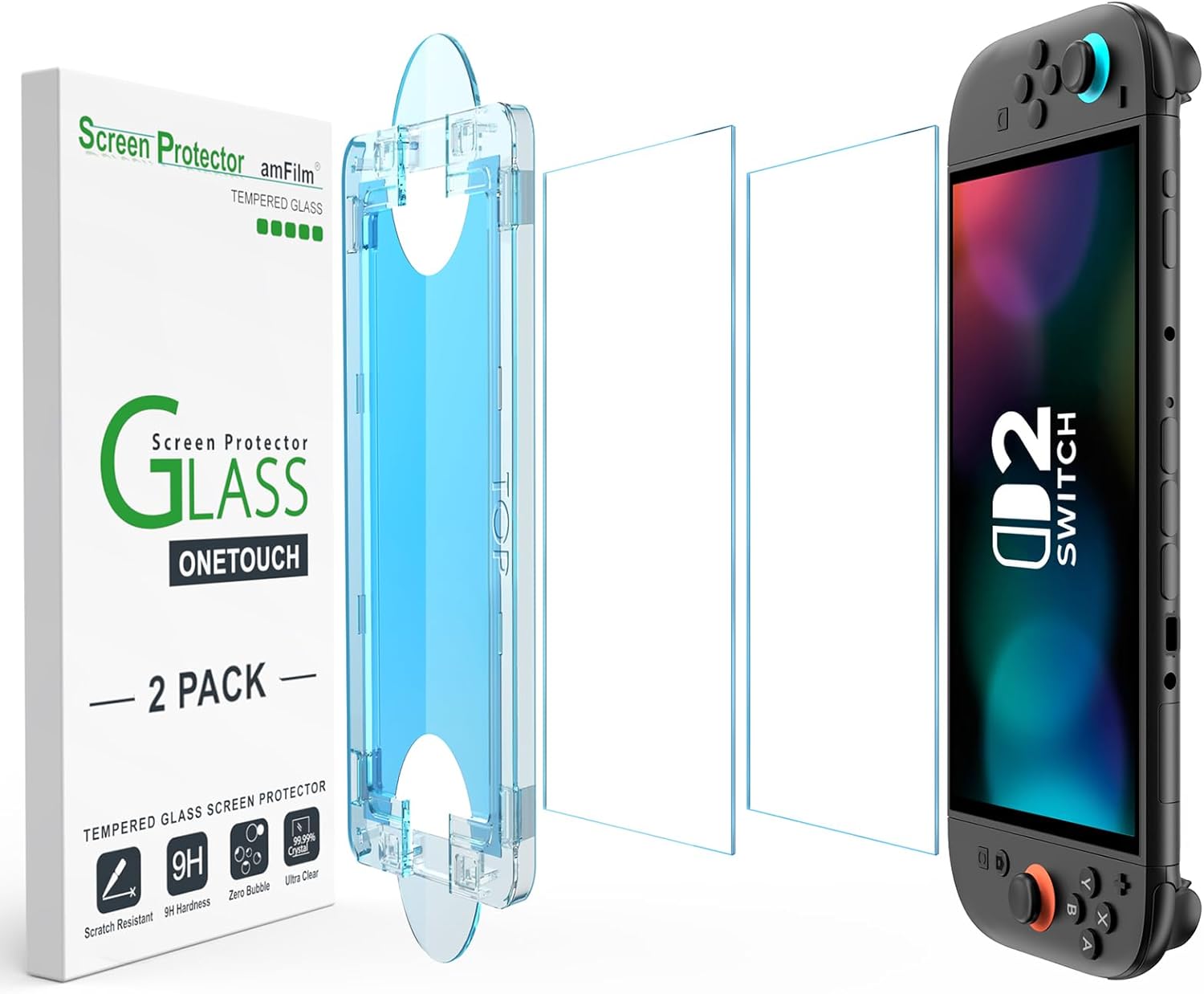 amFilm OneTouch Glass Screen Protector Ontworpen voor Nintendo Switch 2 Model 2025 - Met Auto Alignment Kit, Bubble Free [2-Pack]