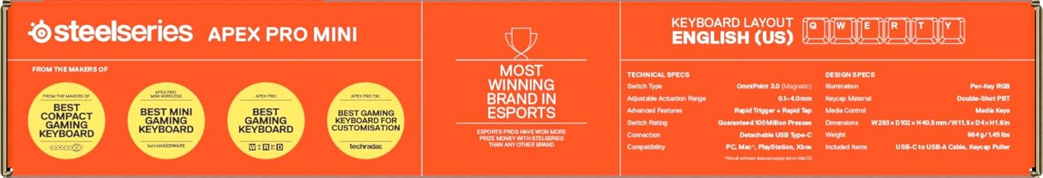 SteelSeries Apex Pro Mini Gen 3 OmniPoint 3.0 HyperMagnetic-schakelaars - Verstelbare activering - Rapid Trigger - Presets voor games - Protection Mode - Rapid Tap/SOCD - RGB - PBT-keycaps - UK QWERTY