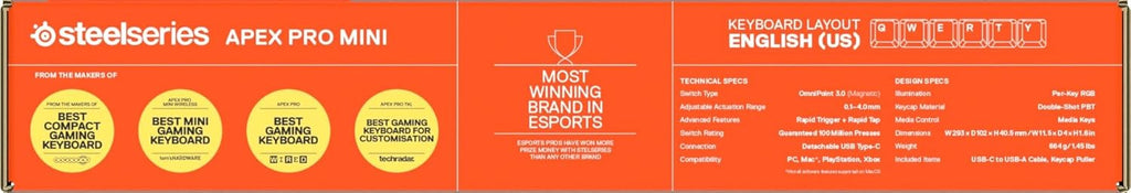 SteelSeries Apex Pro Mini Gen 3 OmniPoint 3.0 HyperMagnetic-schakelaars - Verstelbare activering - Rapid Trigger - Presets voor games - Protection Mode - Rapid Tap/SOCD - RGB - PBT-keycaps - UK QWERTY