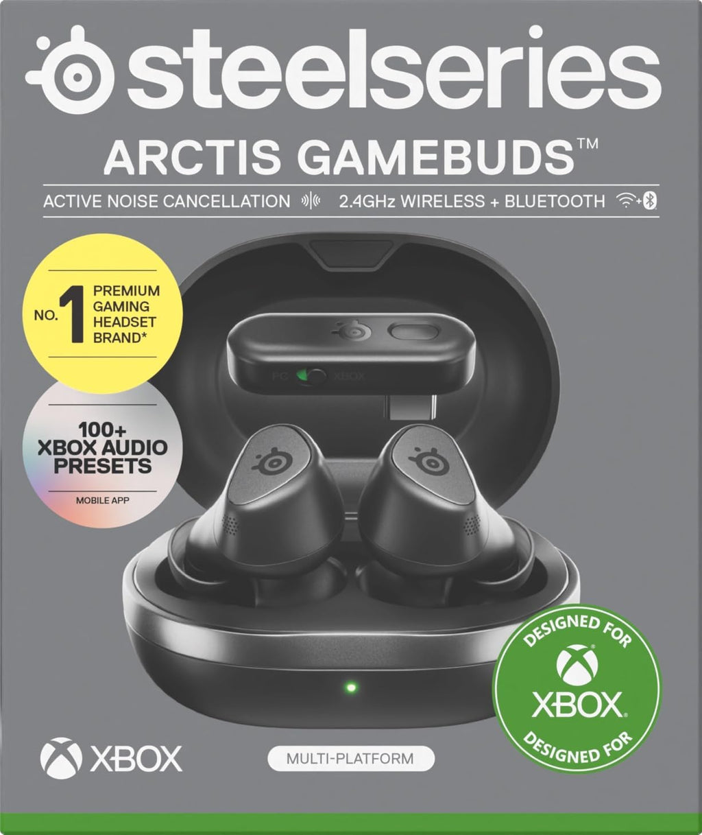 SteelSeries Arctis GameBuds™ voor Xbox - Draadloze gamingoordopjes - 2,4-GHz + BT5.3 - ANC/Transparency-modus - IP55-waterbestendigheid - 40 uur accuduur - Draadloos opladen - Xbox,PS5,pc,mobiel-Zwart