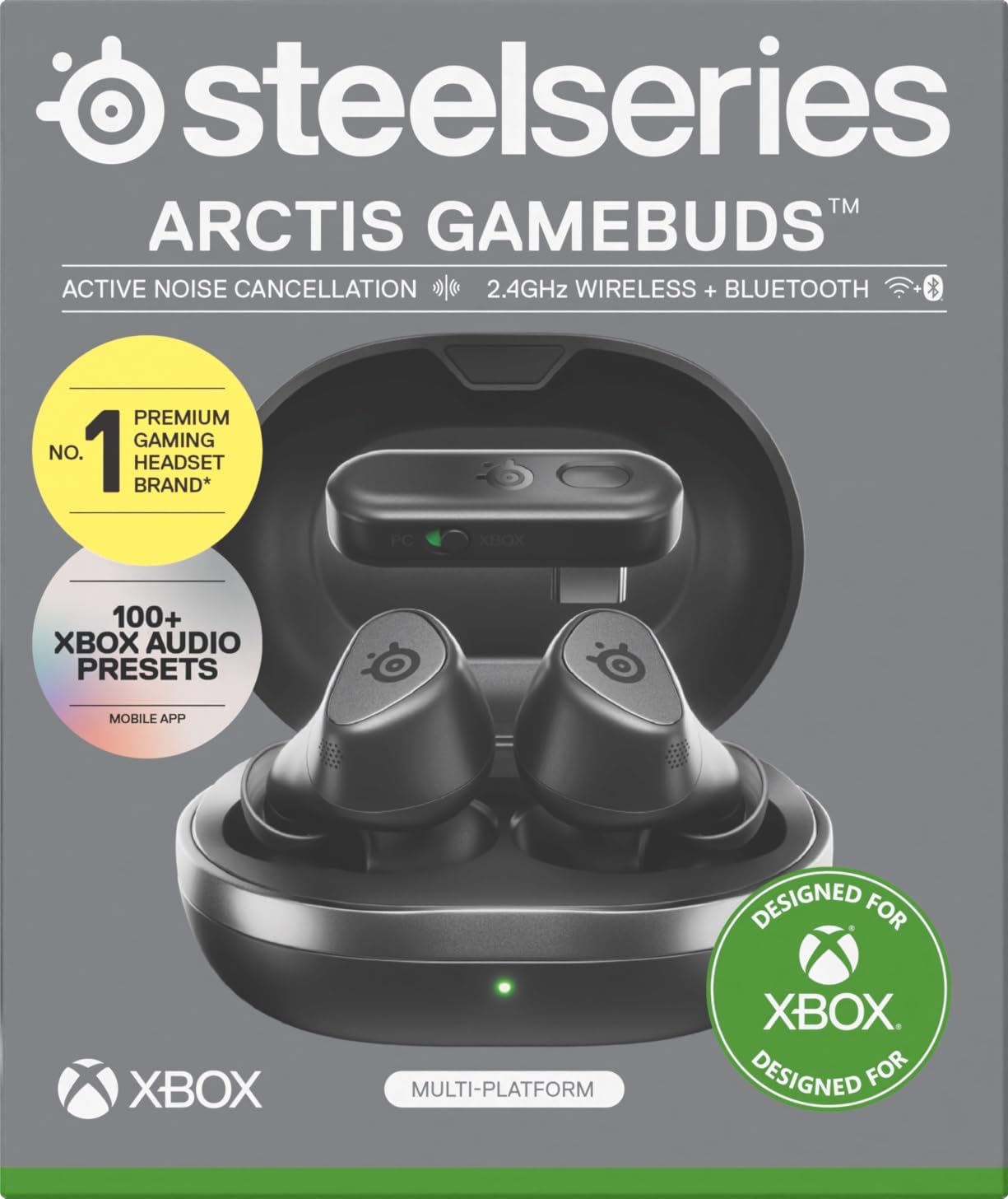 SteelSeries Arctis GameBuds™ voor Xbox - Draadloze gamingoordopjes - 2,4-GHz + BT5.3 - ANC/Transparency-modus - IP55-waterbestendigheid - 40 uur accuduur - Draadloos opladen - Xbox,PS5,pc,mobiel-Zwart