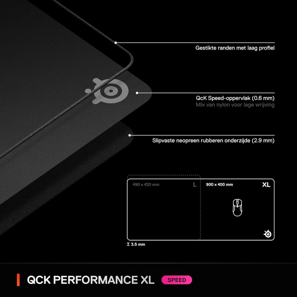 SteelSeries QcK XL Performance Speed-gamingmuismat - Voor soepele muisbewegingen - Gestikte rand met laag profiel - Slipvaste neopreen rubberen onderzijde - 900x400 mm - FPS, MOBA's, RTS, MMO