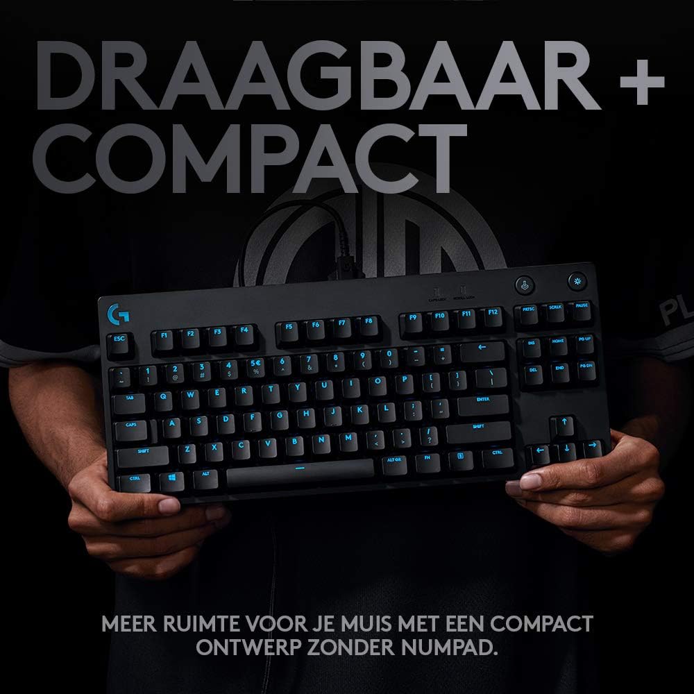Logitech G PRO Mechanisch gamingtoetsenbord, uiterst draagbaar ontwerp zonder numpad, afneembare micro-USB-kabel, verlichte toetsen met LIGHTSYNC RGB met 16,8M kleuren, QWERTY US INTL, PC/Mac - Zwart