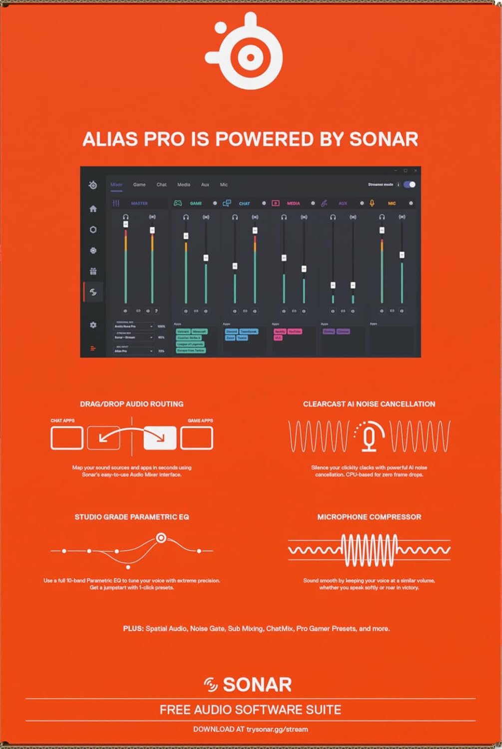 SteelSeries Alias USB-microfoon voor pc — 3x grotere capsule voor gaming, streaming en podcasting — AI-ruisonderdrukking — Ledstatuslampjes voor dempen en geluidsniveaus — Trillingsvrije standaard