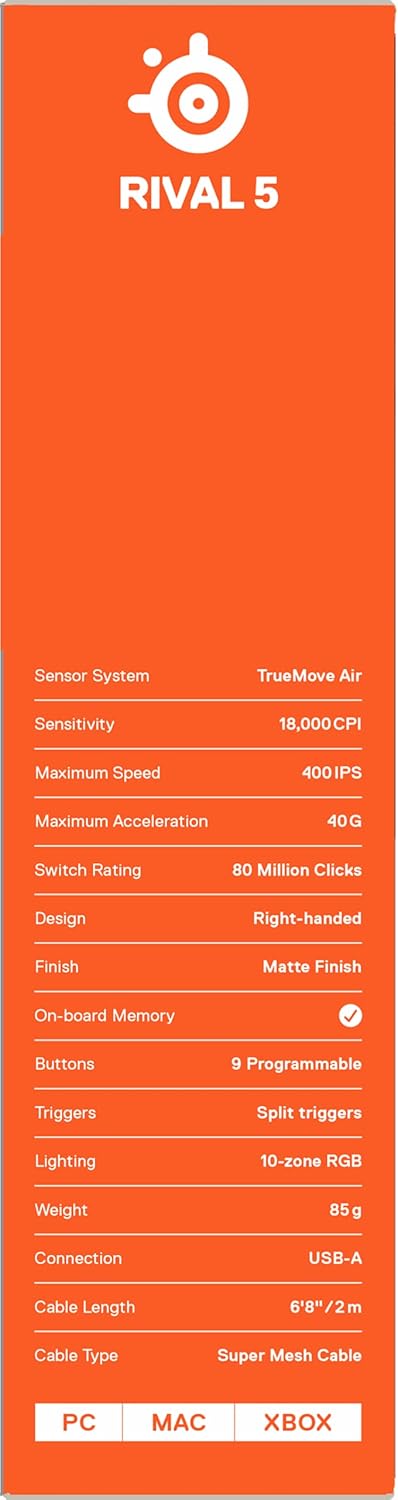 SteelSeries Rival 5 — gamingmuis — FPS, MOBA, MMO, Battle Royale — 18.000 CPI TrueMove Air optische sensor — 9 programmeerbare knoppen — 85 g competitief gewicht, zwart
