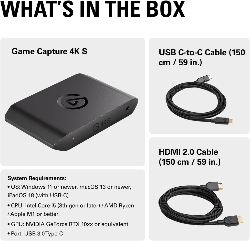 Elgato 4K S – Externe Capture Card voor PS5, Xbox Series X/S, Switch 2, pc, Mac, iPad | 4K60, 1440p120 of 1080p240 passthrough en capture, HDR10, VRR, USB-C, bijna geen vertraging
