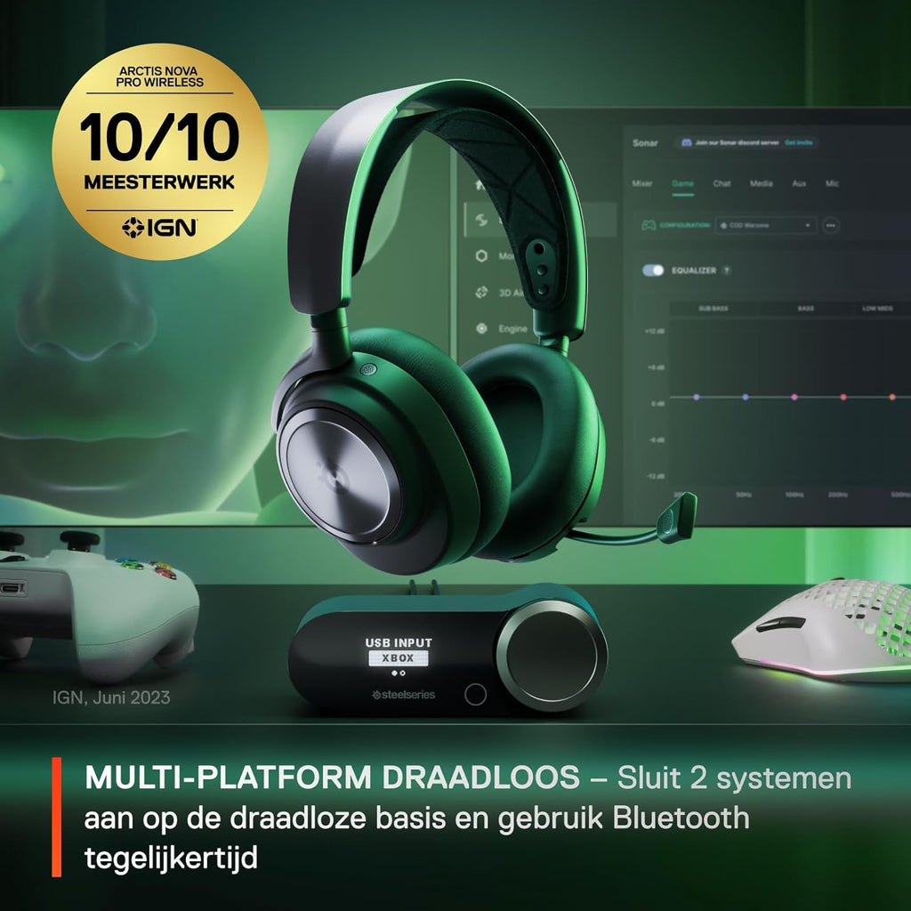 SteelSeries Arctis Nova Pro Wireless gameheadset, aansluiting op meerdere systemen, Neodymiummagneetdrivers, Actieve ruisonderdrukking, Infinity Power System, Xbox Series X|S, Xbox One, Windows 10/11