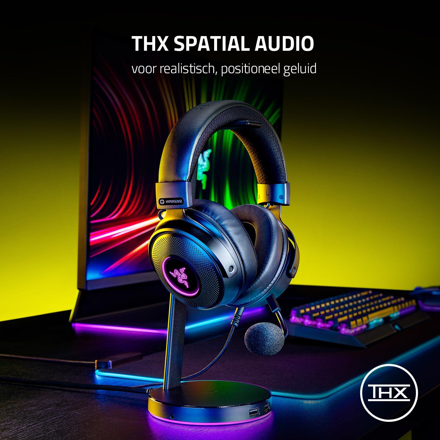 Razer Kraken V4 - Draadloze Gaming Headset (3 Modes Connectiviteit, TriForce 40mm Drivers, 9-Zone RGB Earcup Verlichting, Mix & Volume aanpassingen, THX Spatial Audio) Zwart