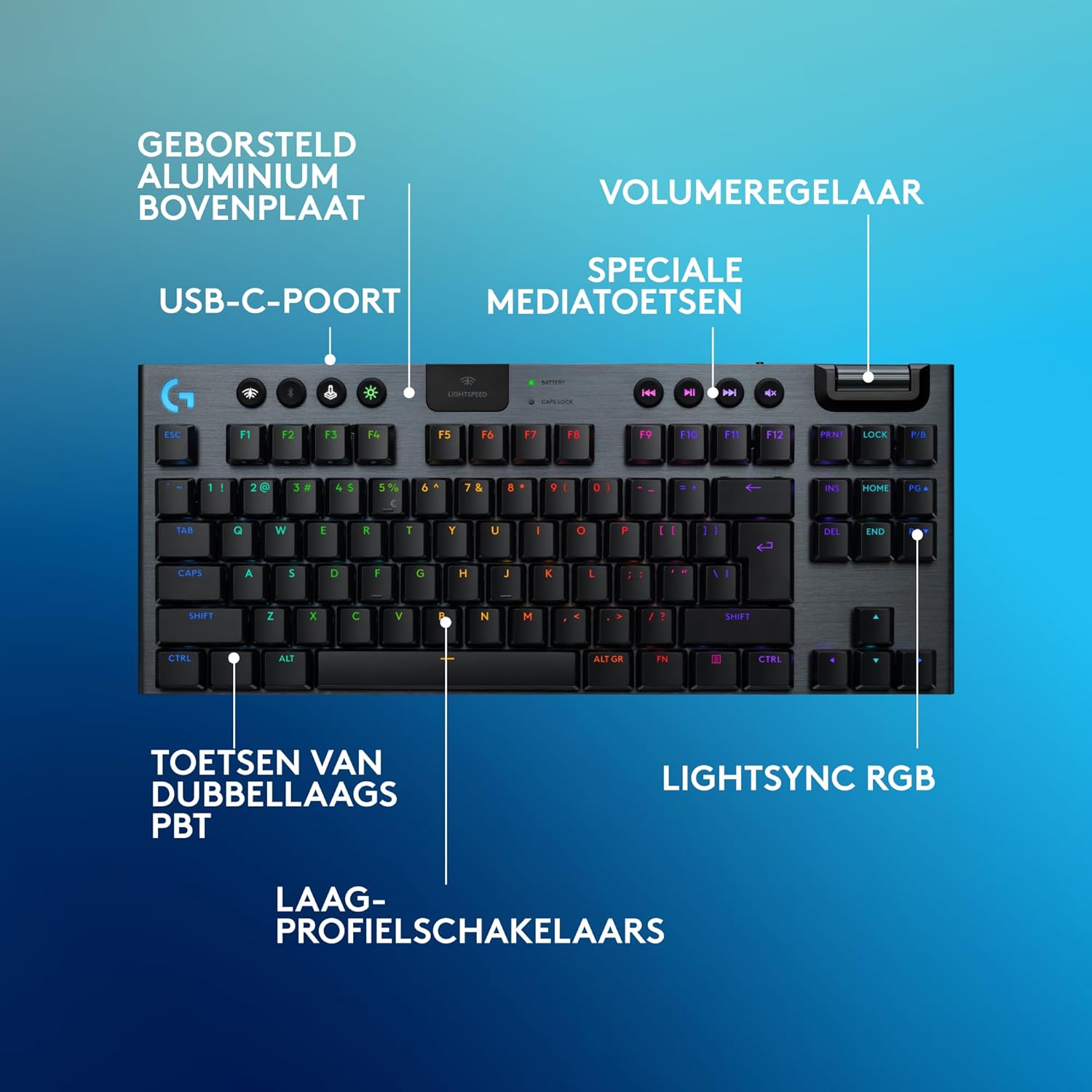 Logitech G G915 X LIGHTSPEED TKL Low-Profile Wireless Gaming Keyboard, Double-Shot PBT Keycaps, volledig programmeerbare toetsen, GL Brown Tactile, pc/Mac, US INT'L QWERTY - Zwart