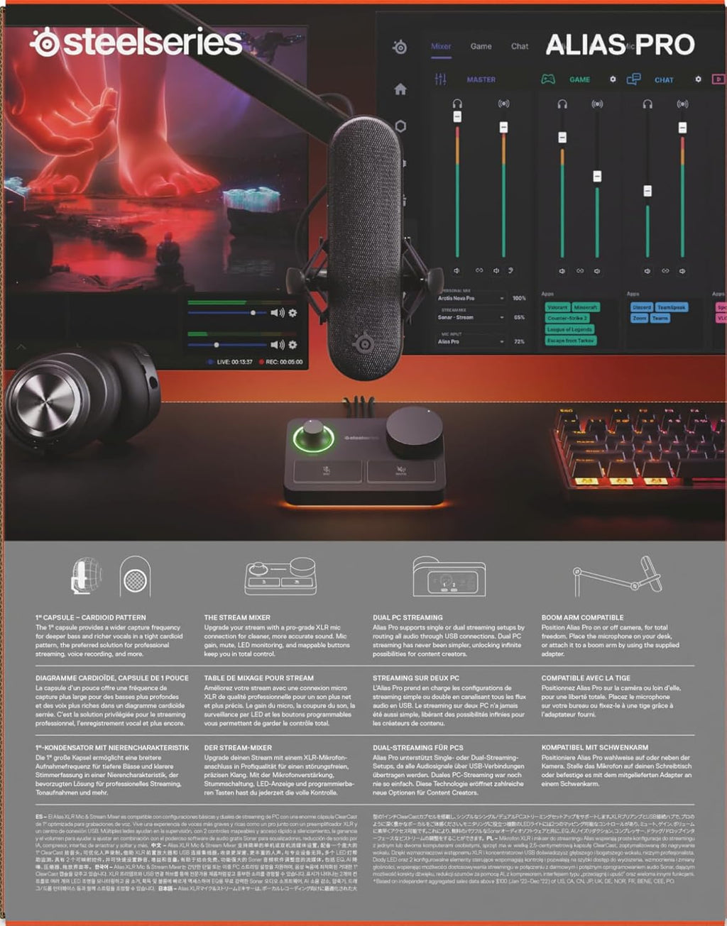 SteelSeries Alias USB-microfoon voor pc — 3x grotere capsule voor gaming, streaming en podcasting — AI-ruisonderdrukking — Ledstatuslampjes voor dempen en geluidsniveaus — Trillingsvrije standaard