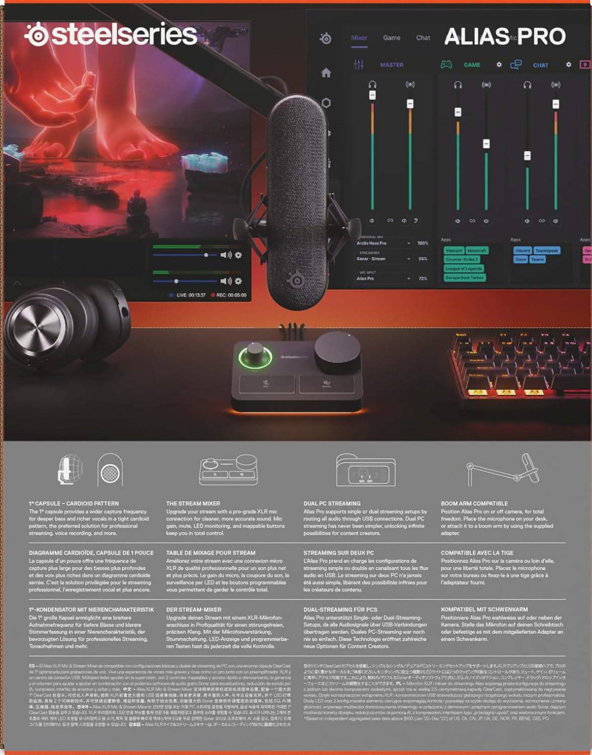 SteelSeries Alias USB-microfoon voor pc — 3x grotere capsule voor gaming, streaming en podcasting — AI-ruisonderdrukking — Ledstatuslampjes voor dempen en geluidsniveaus — Trillingsvrije standaard
