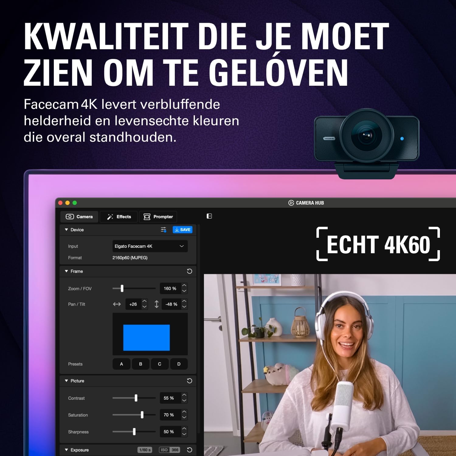Elgato Facecam 4K – 4K60-studiowebcam, DSLR-achtige bediening, filmische effecten, 49 mm-objectieffilters, HDR, ongecomprimeerde video, geoptimaliseerd scherpstelgebied | USB-C voor pc & Mac