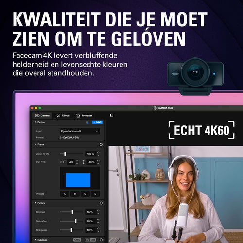 Elgato Facecam 4K – 4K60-studiowebcam, DSLR-achtige bediening, filmische effecten, 49 mm-objectieffilters, HDR, ongecomprimeerde video, geoptimaliseerd scherpstelgebied | USB-C voor pc & Mac