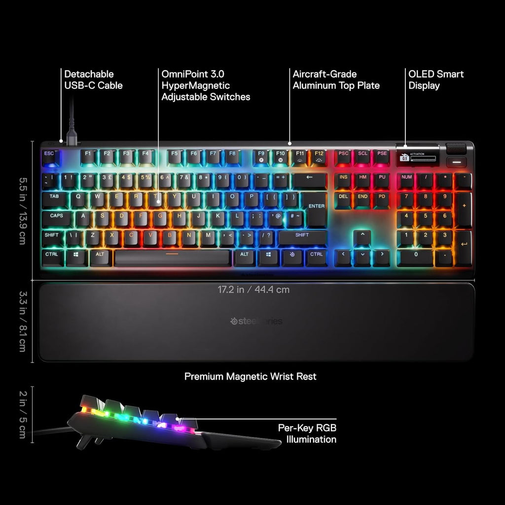 SteelSeries Apex Pro Gen 3 - HyperMagnetic Gaming Keyboard - OmniPoint 3.0 schakelaars - Verstelbare activering - Rapid Trigger - Rapid Tap/SOCD - OLED - RGB - PBT-keycaps - USB-C - FR Layout AZERTY