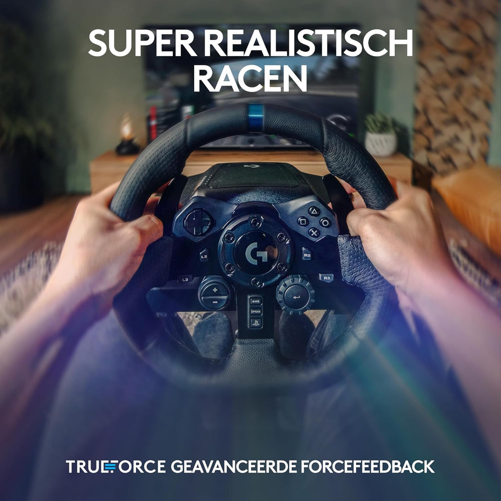 Logitech G G923-racestuur en -pedalen, TRUEFORCE tot een force feedback van 1000 Hz, responsief rijden, startregeling voor dubbele koppeling, stuurhoes van echt, voor PS5, PS4, pc, Mac - Zwart