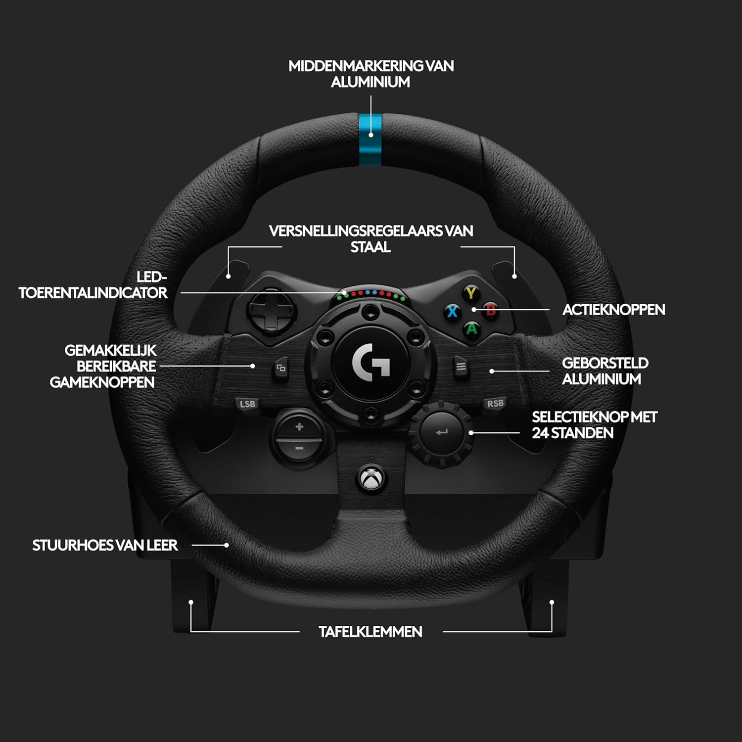 Logitech G G923-racestuur en -pedalen, TRUEFORCE tot een force feedback van 1000 Hz, responsief rijden, startregeling voor dubbele koppeling, stuurhoes van echt, voor PS5, PS4, pc, Mac - Zwart