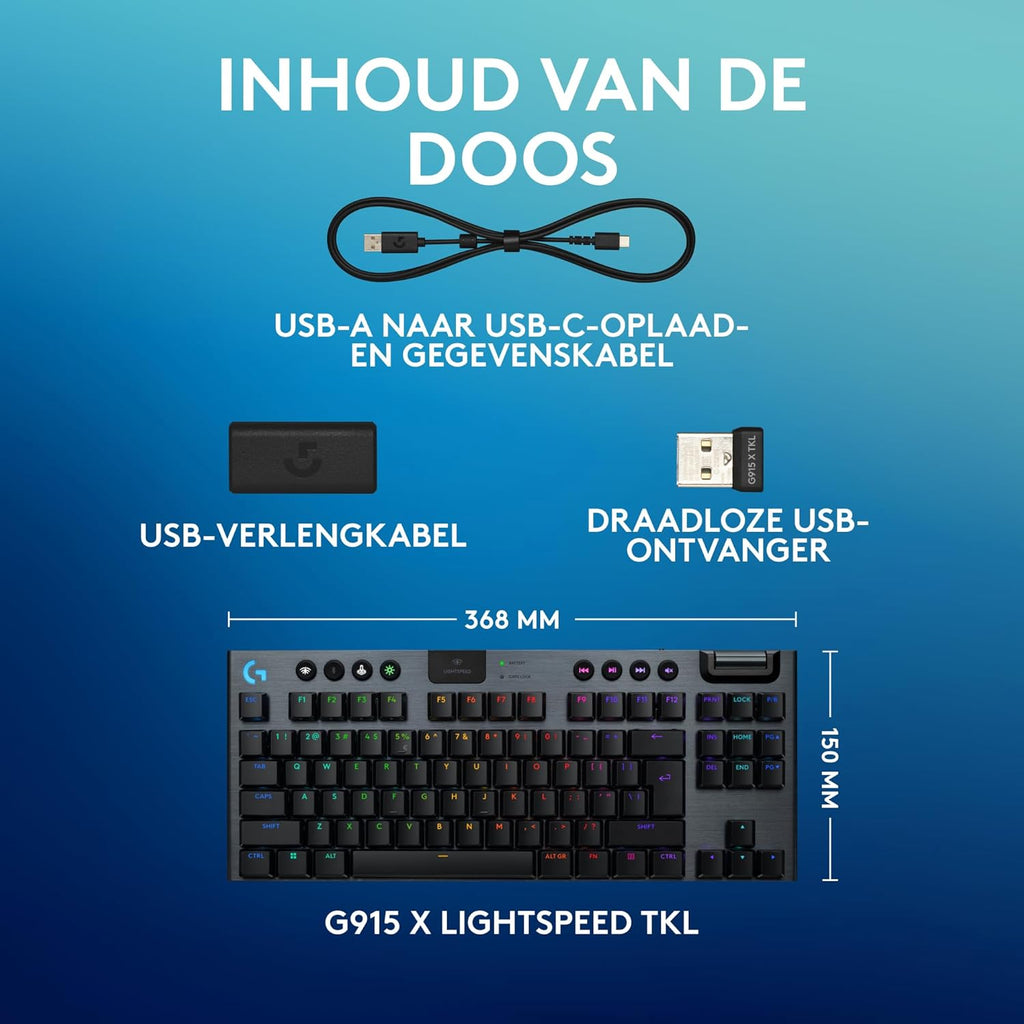 Logitech G G915 X LIGHTSPEED TKL Low-Profile Wireless Gaming Keyboard, Double-Shot PBT Keycaps, volledig programmeerbare toetsen, GL Brown Tactile, pc/Mac, US INT'L QWERTY - Zwart