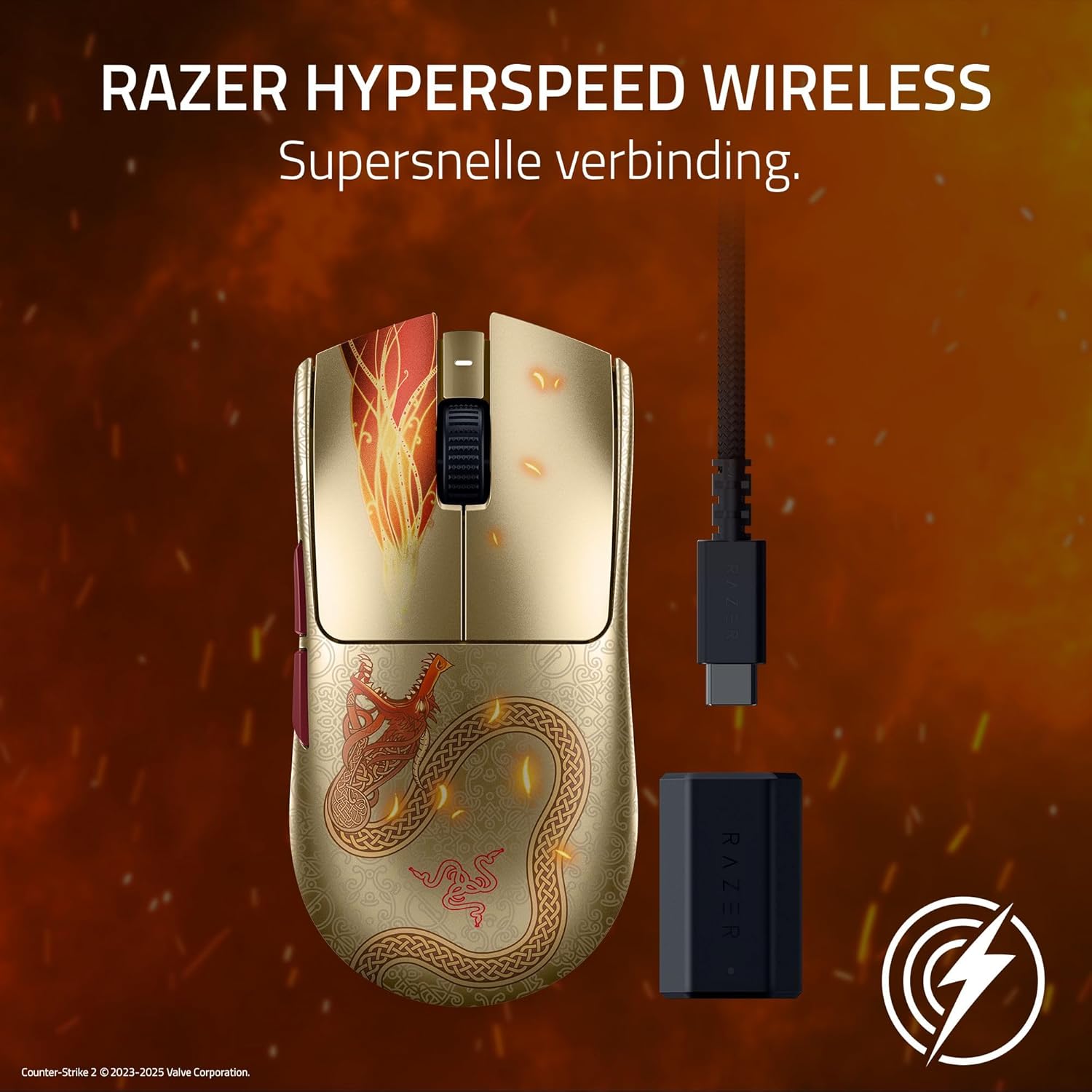 Razer Viper V3 Pro Counter-Strike 2 Dragon Lore - Ultralichte draadloze esports-gamingmuis - 55g - 8K HyperPolling - Focus Pro Sensor 35K DPI - 2,4 GHz HyperSpeed - 95 uur - PC/Mac | Dragon Lore