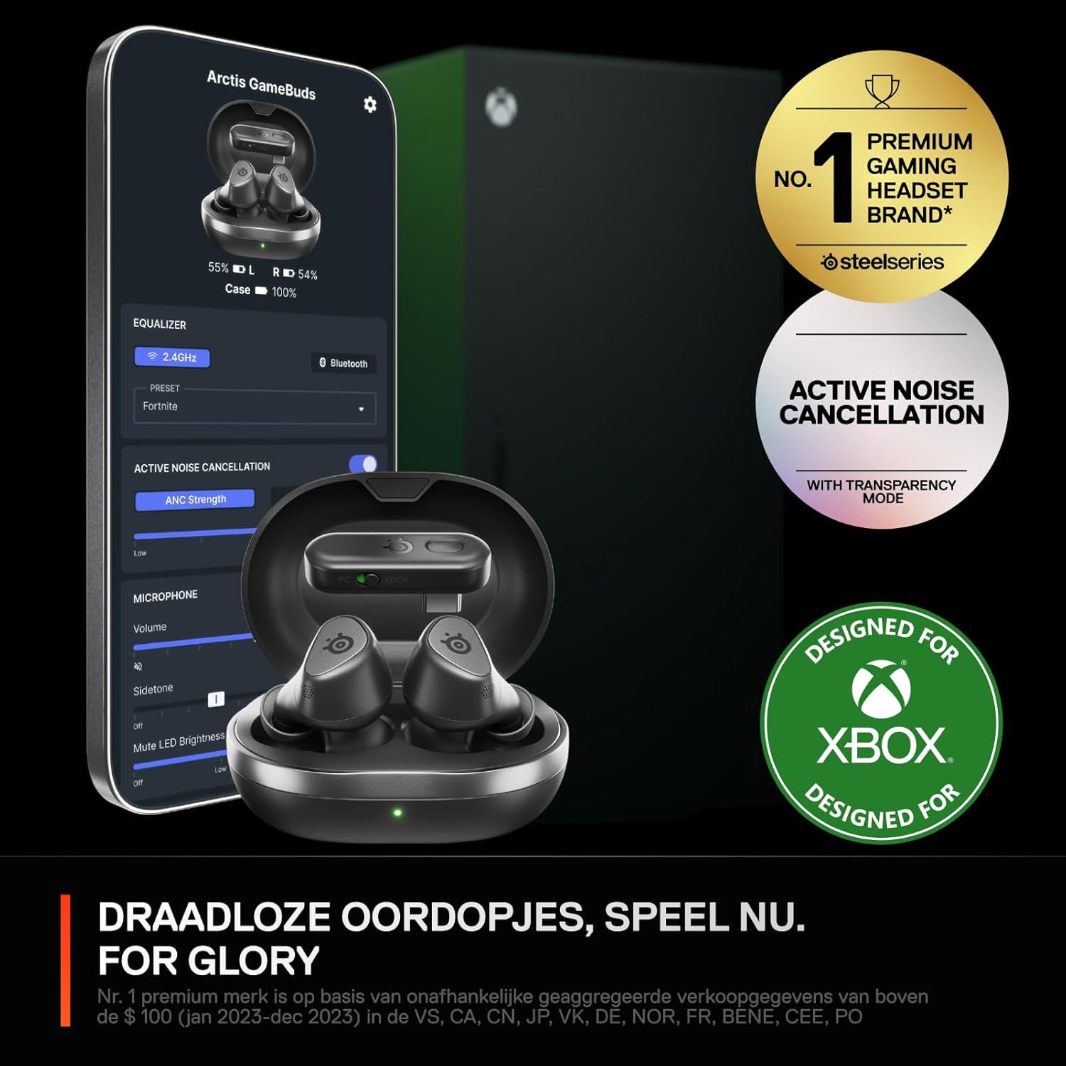 SteelSeries Arctis GameBuds™ voor Xbox - Draadloze gamingoordopjes - 2,4-GHz + BT5.3 - ANC/Transparency-modus - IP55-waterbestendigheid - 40 uur accuduur - Draadloos opladen - Xbox,PS5,pc,mobiel-Zwart