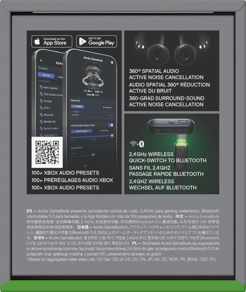 SteelSeries Arctis GameBuds™ voor Xbox - Draadloze gamingoordopjes - 2,4-GHz + BT5.3 - ANC/Transparency-modus - IP55-waterbestendigheid - 40 uur accuduur - Draadloos opladen - Xbox,PS5,pc,mobiel-Zwart