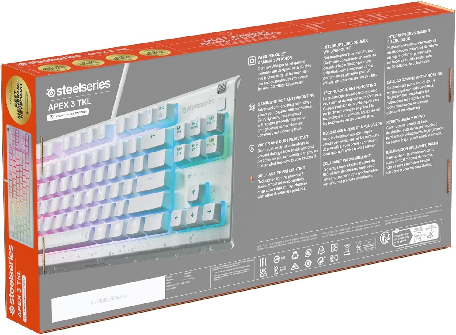 SteelSeries Apex 3 TKL - RGB-gamingtoetsenbord - Compact TKL-toetsenbord voor e-sports - 8-zone RGB-verlichting - Engels QWERTY Layout