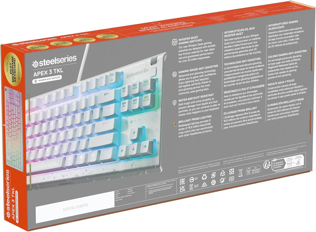 SteelSeries Apex 3 TKL - RGB-gamingtoetsenbord - Compact TKL-toetsenbord voor e-sports - 8-zone RGB-verlichting - Engels QWERTY Layout