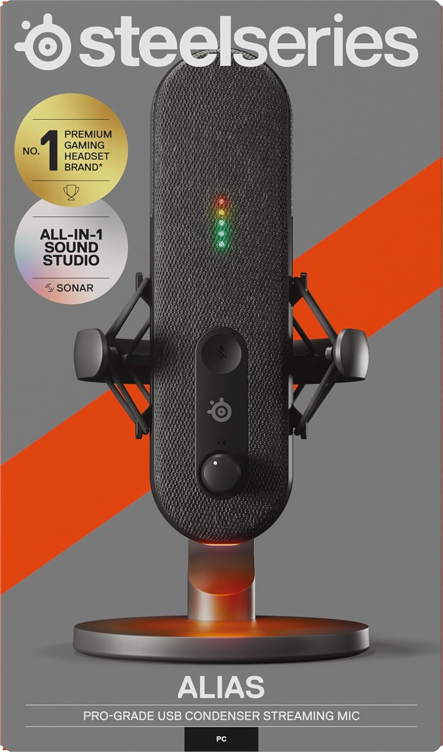 SteelSeries Alias USB-microfoon voor pc — 3x grotere capsule voor gaming, streaming en podcasting — AI-ruisonderdrukking — Ledstatuslampjes voor dempen en geluidsniveaus — Trillingsvrije standaard