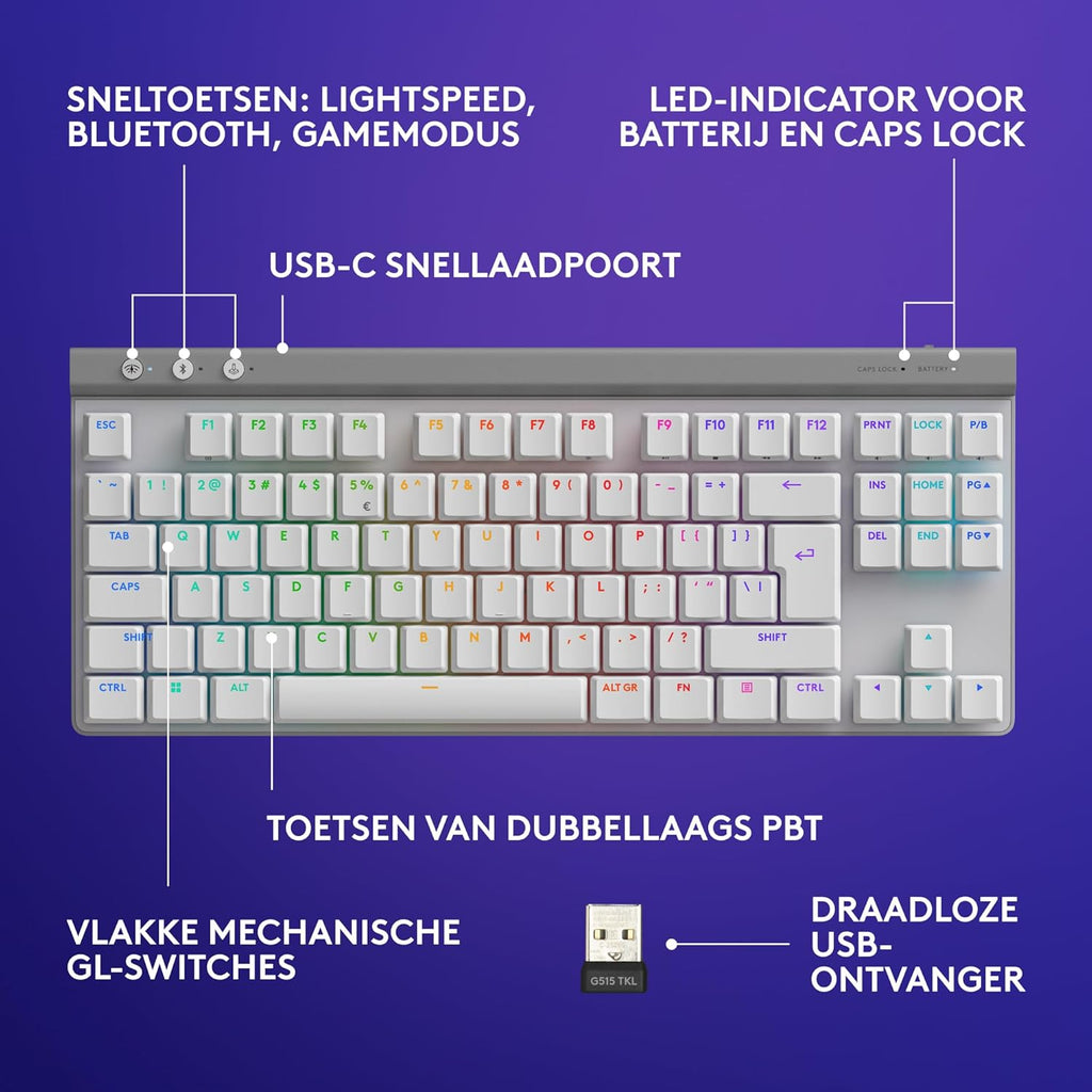 Logitech G G515 LIGHTSPEED TKL Laag profiel draadloos gamingtoetsenbord, LIGHTSYNC RGB, Thin Tenkeyless-ontwerp, PBT toetskappen, tactiele mechanische schakelaars, US International QWERTY - Zwart