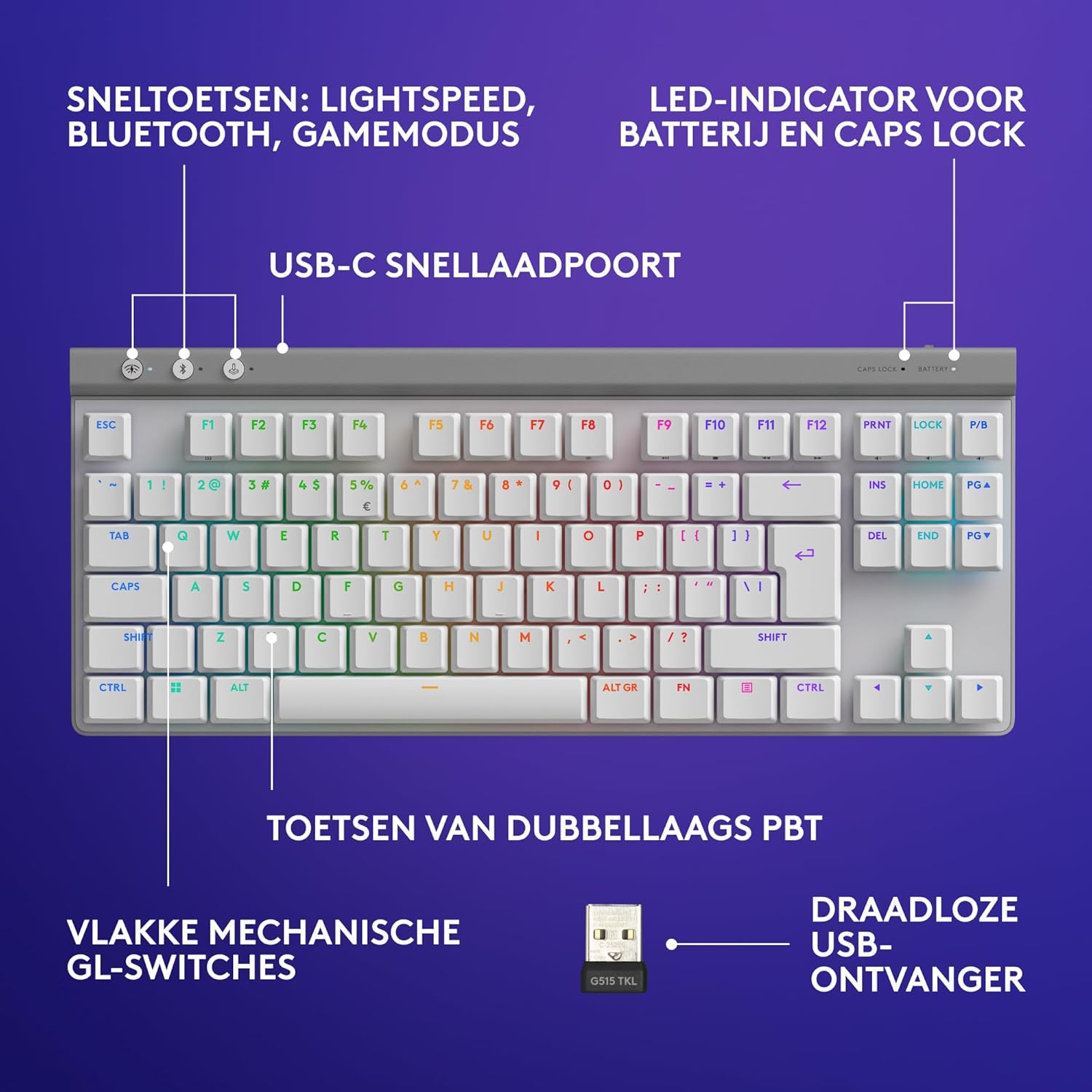 Logitech G G515 LIGHTSPEED TKL Laag profiel draadloos gamingtoetsenbord, LIGHTSYNC RGB, Thin Tenkeyless-ontwerp, PBT toetskappen, tactiele mechanische schakelaars, US International QWERTY - Zwart