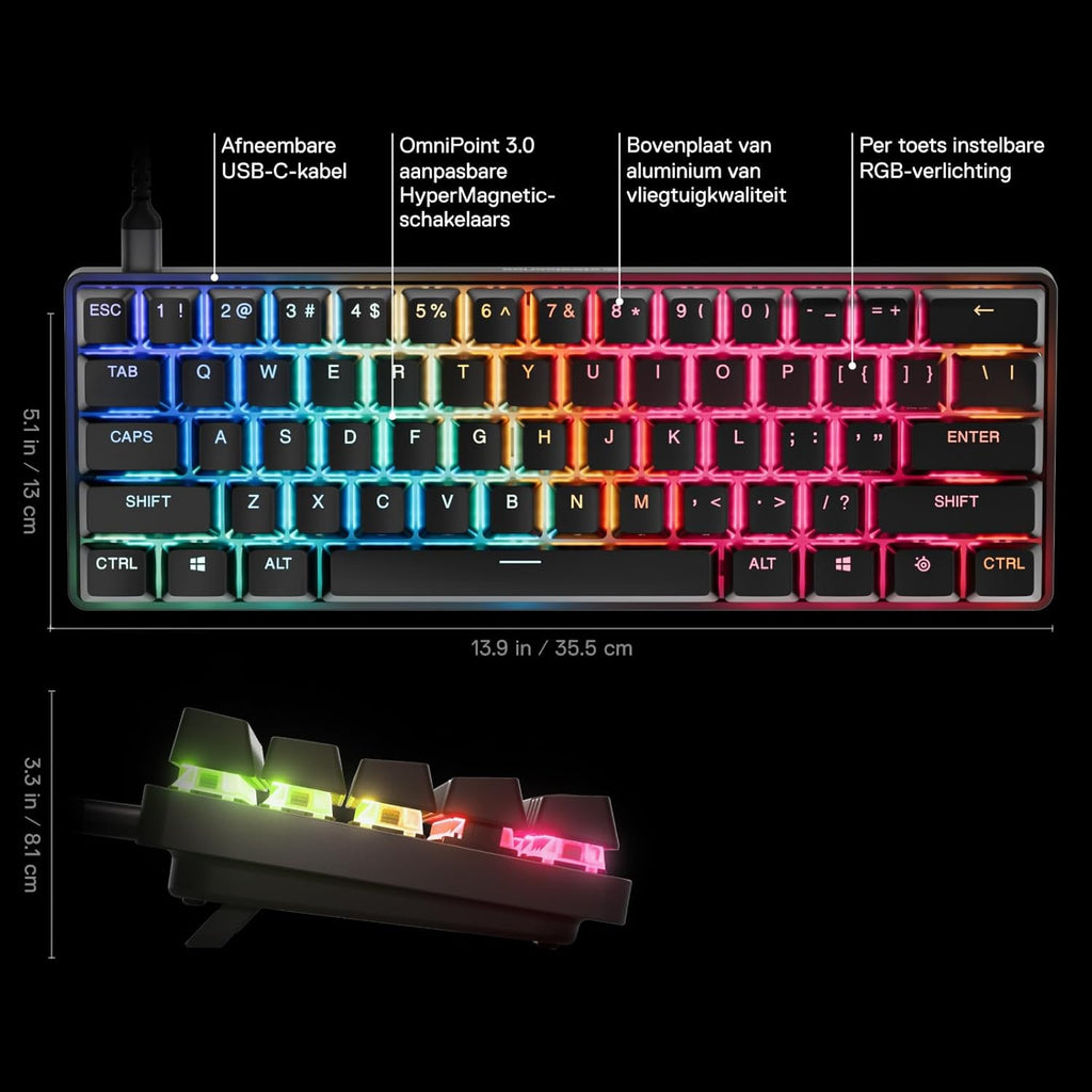SteelSeries Apex Pro Mini Gen 3 OmniPoint 3.0 HyperMagnetic-schakelaars - Verstelbare activering - Rapid Trigger - Presets voor games - Protection Mode - Rapid Tap/SOCD - RGB - PBT-keycaps - UK QWERTY