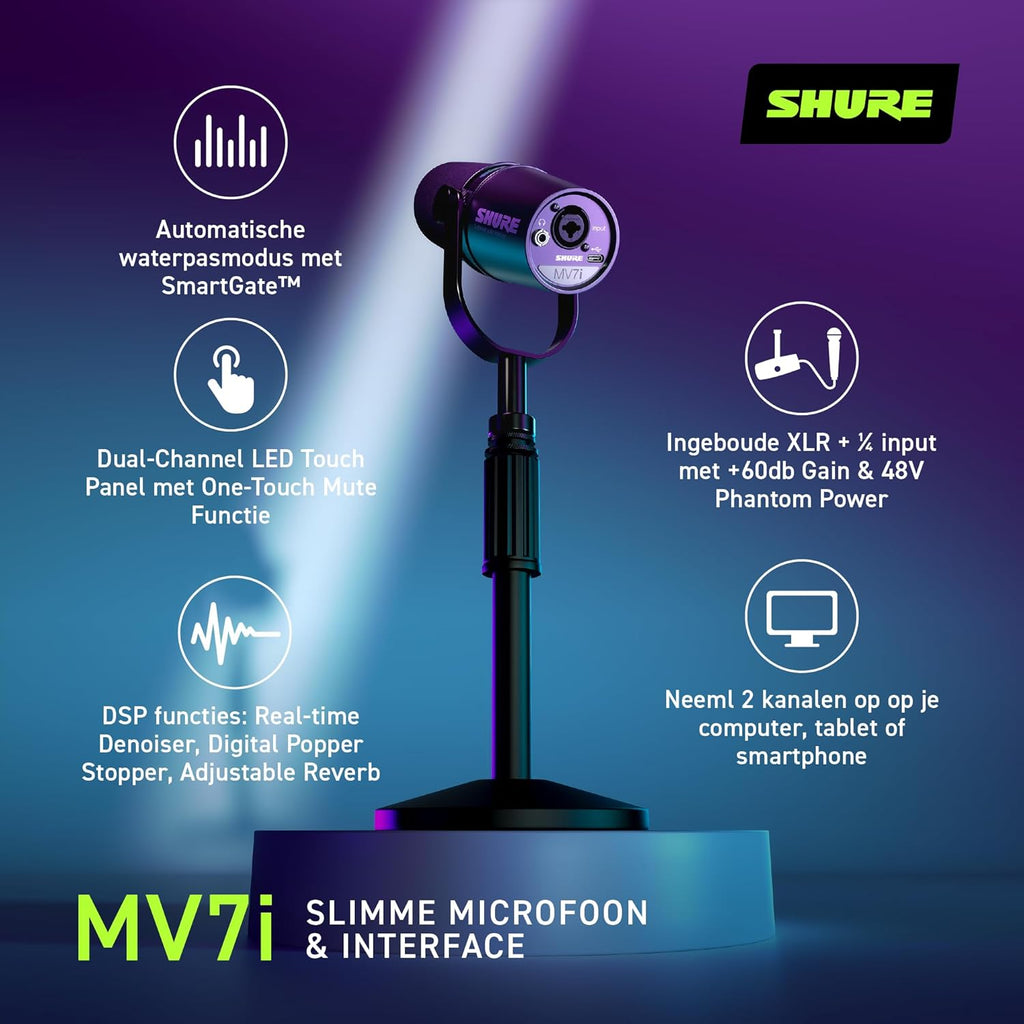 Shure MV7i Slimme Podcast Microfoon + Ingebouwde Audio Interface