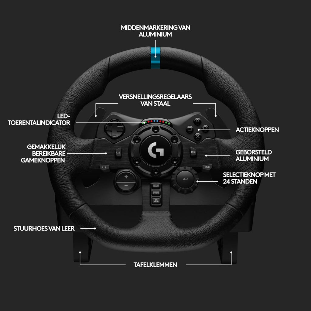 Logitech G G923-racestuur en -pedalen, TRUEFORCE tot een force feedback van 1000 Hz, responsief rijden, startregeling voor dubbele koppeling, stuurhoes van echt, voor PS5, PS4, pc, Mac - Zwart