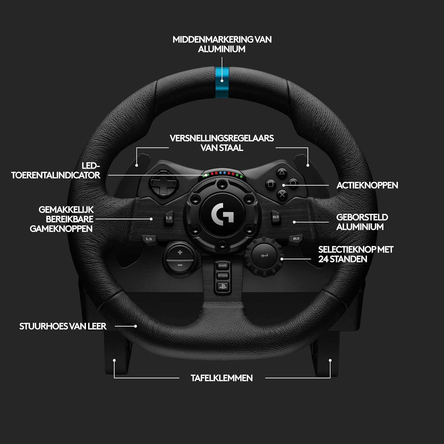 Logitech G G923-racestuur en -pedalen, TRUEFORCE tot een force feedback van 1000 Hz, responsief rijden, startregeling voor dubbele koppeling, stuurhoes van echt, voor PS5, PS4, pc, Mac - Zwart