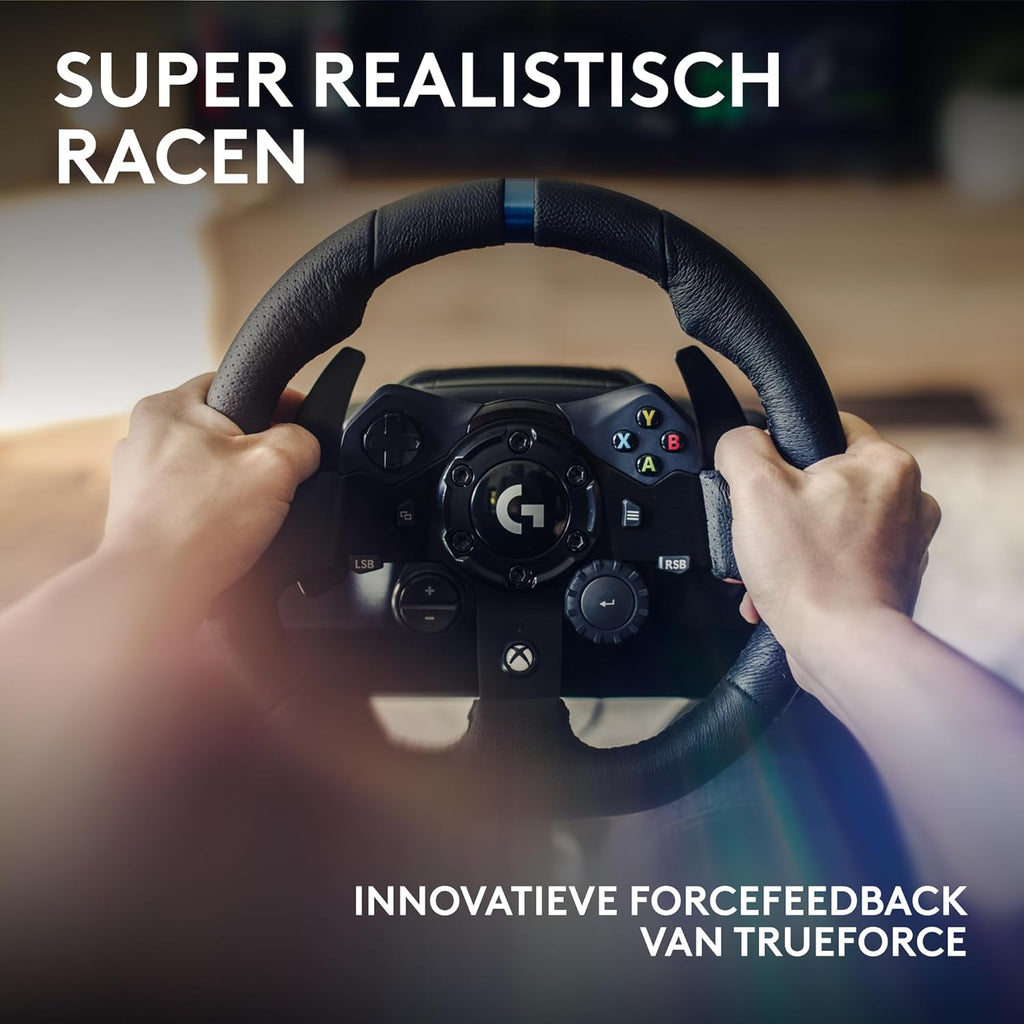 Logitech G G923-racestuur en -pedalen, TRUEFORCE tot een force feedback van 1000 Hz, responsief rijden, startregeling voor dubbele koppeling, stuurhoes van echt, voor PS5, PS4, pc, Mac - Zwart
