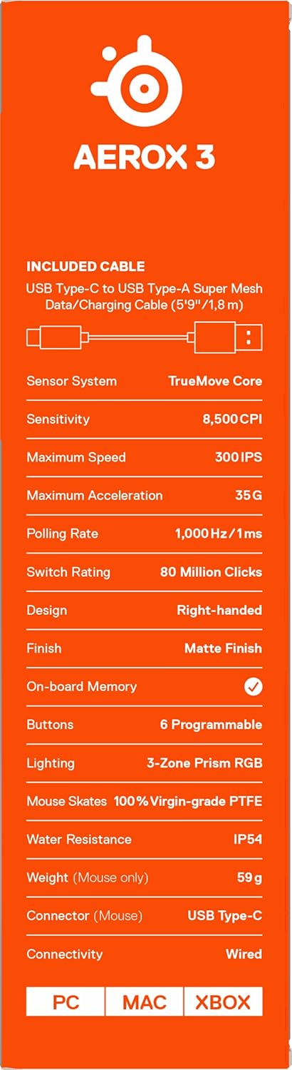 SteelSeries Aerox 3 - Geperforeerde RGB-gamingmuis - Ultralicht waterbestendig ontwerp - 8,500 DPI TrueMove Core optische sensor - Snow