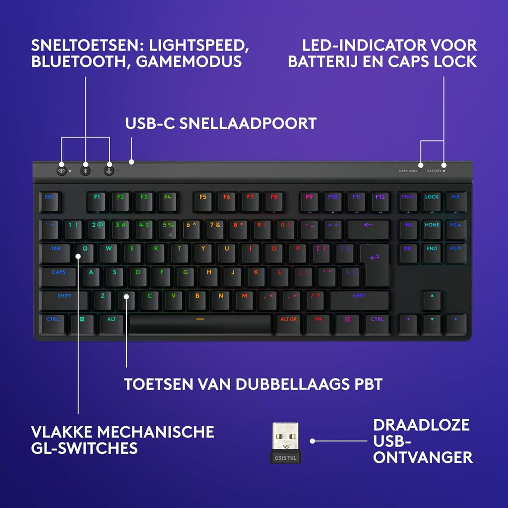 Logitech G G515 LIGHTSPEED TKL Laag profiel draadloos gamingtoetsenbord, LIGHTSYNC RGB, Thin Tenkeyless-ontwerp, PBT toetskappen, tactiele mechanische schakelaars, US International QWERTY - Zwart