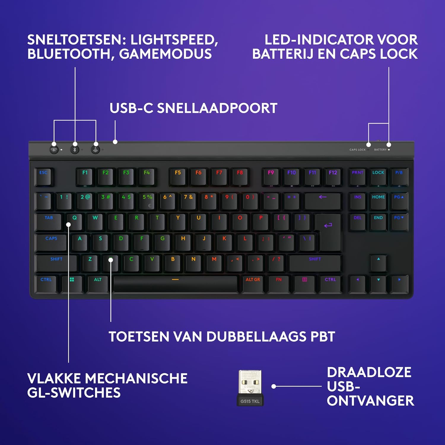 Logitech G G515 LIGHTSPEED TKL Laag profiel draadloos gamingtoetsenbord, LIGHTSYNC RGB, Thin Tenkeyless-ontwerp, PBT toetskappen, tactiele mechanische schakelaars, US International QWERTY - Zwart