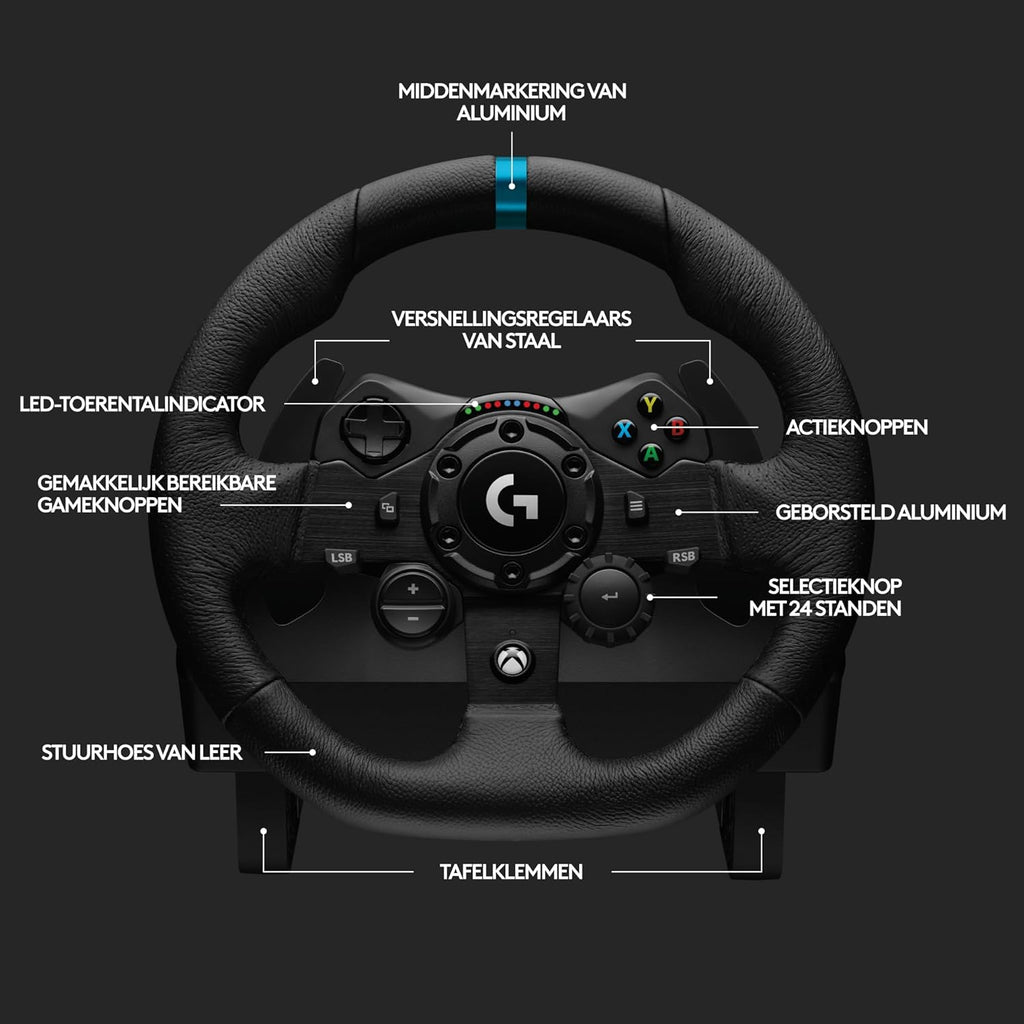Logitech G G923-racestuur en -pedalen, TRUEFORCE tot een force feedback van 1000 Hz, responsief rijden, startregeling voor dubbele koppeling, stuurhoes van echt, voor PS5, PS4, pc, Mac - Zwart