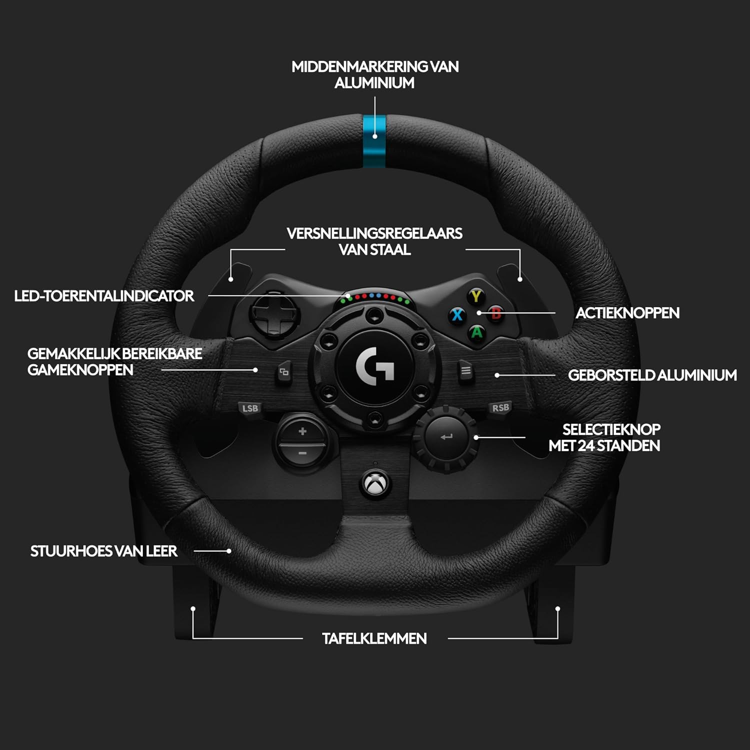 Logitech G G923-racestuur en -pedalen, TRUEFORCE tot een force feedback van 1000 Hz, responsief rijden, startregeling voor dubbele koppeling, stuurhoes van echt, voor PS5, PS4, pc, Mac - Zwart