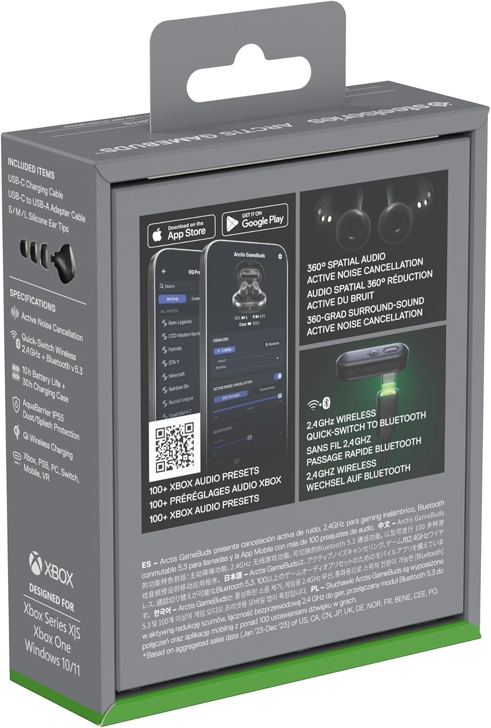 SteelSeries Arctis GameBuds™ voor Xbox - Draadloze gamingoordopjes - 2,4-GHz + BT5.3 - ANC/Transparency-modus - IP55-waterbestendigheid - 40 uur accuduur - Draadloos opladen - Xbox,PS5,pc,mobiel-Zwart