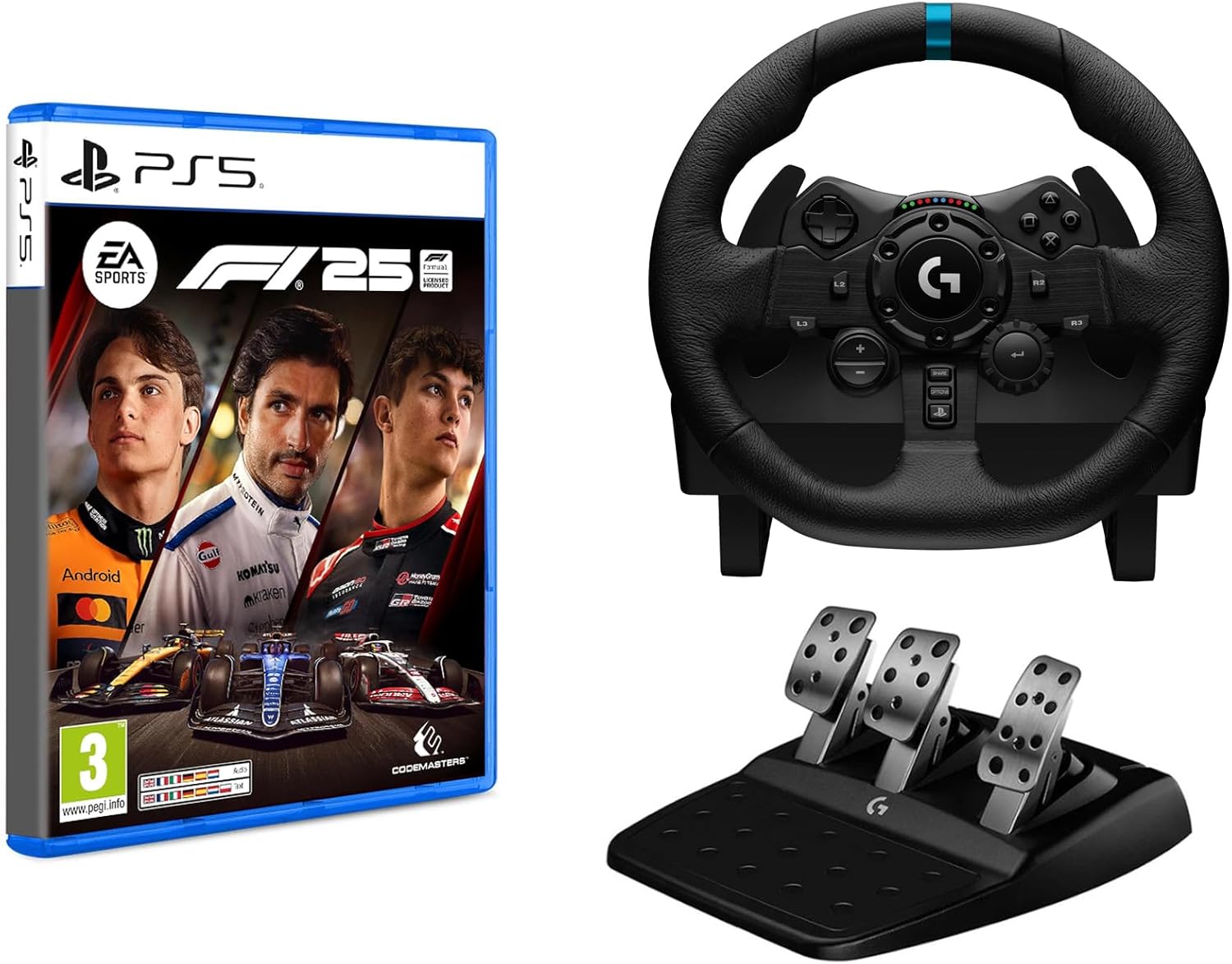 Logitech G G923-racestuur en -pedalen, TRUEFORCE tot een force feedback van 1000 Hz, responsief rijden, startregeling voor dubbele koppeling, stuurhoes van echt, voor PS5, PS4, pc, Mac - Zwart