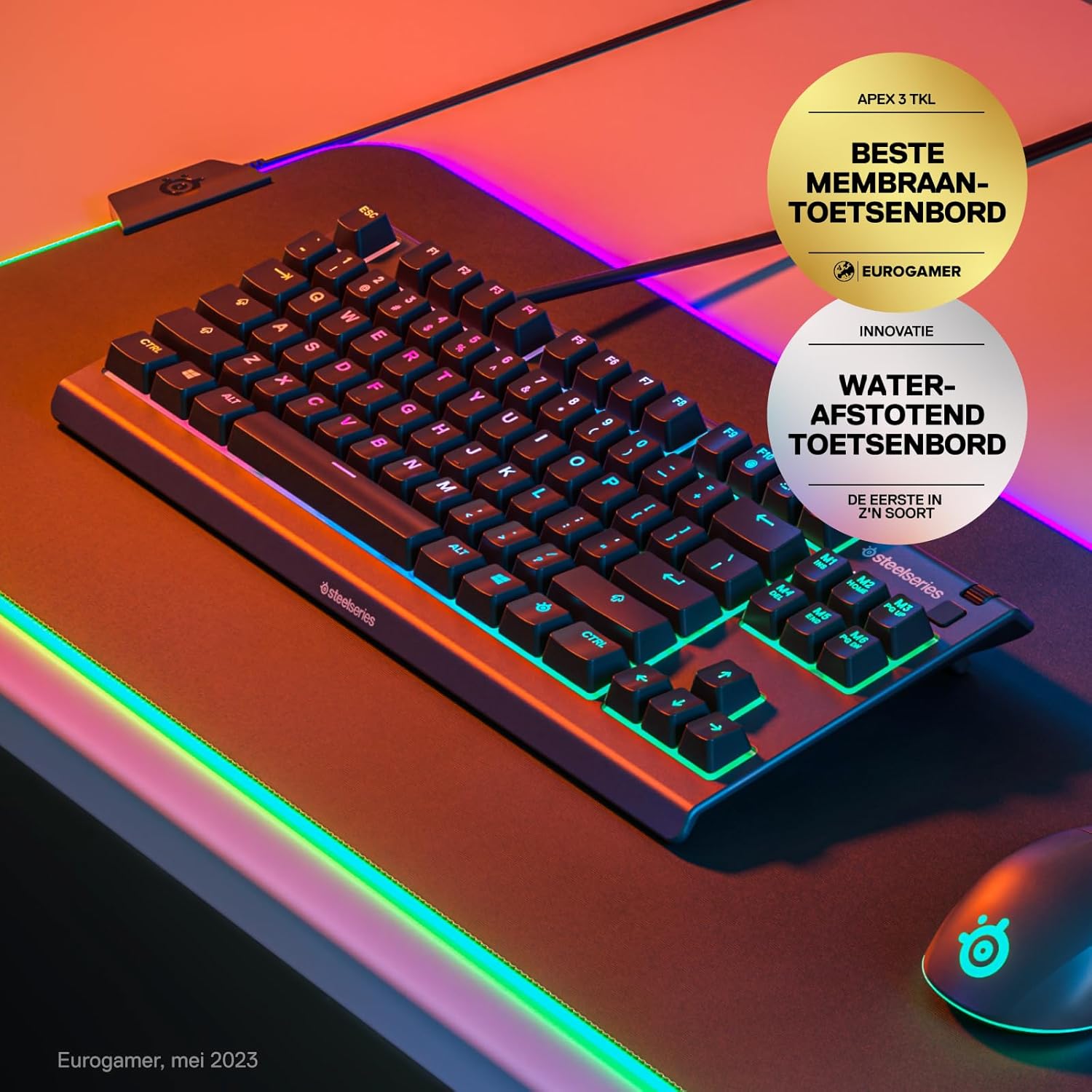 SteelSeries Apex 3 TKL - RGB-gamingtoetsenbord - Compact TKL-toetsenbord voor e-sports - 8-zone RGB-verlichting - Engels QWERTY Layout